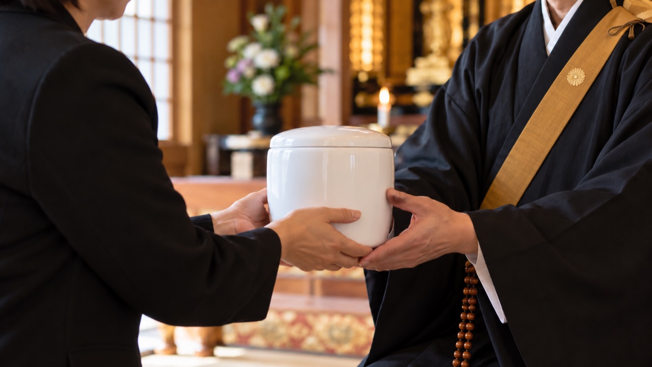 ご遺族から骨壺を丁寧にお預かりする僧侶のイメージ